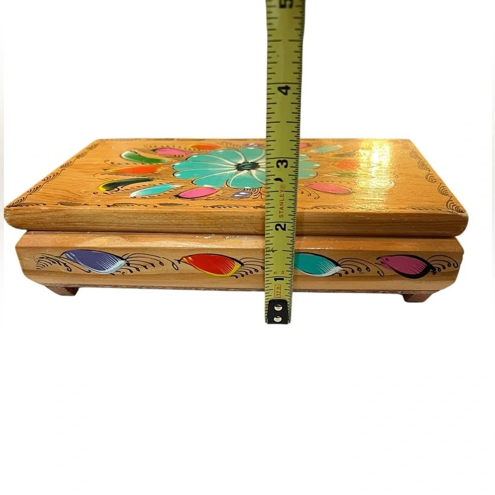 Vintage Wooden Jewelry Trinket Box Hand-painted Mexico Boho
